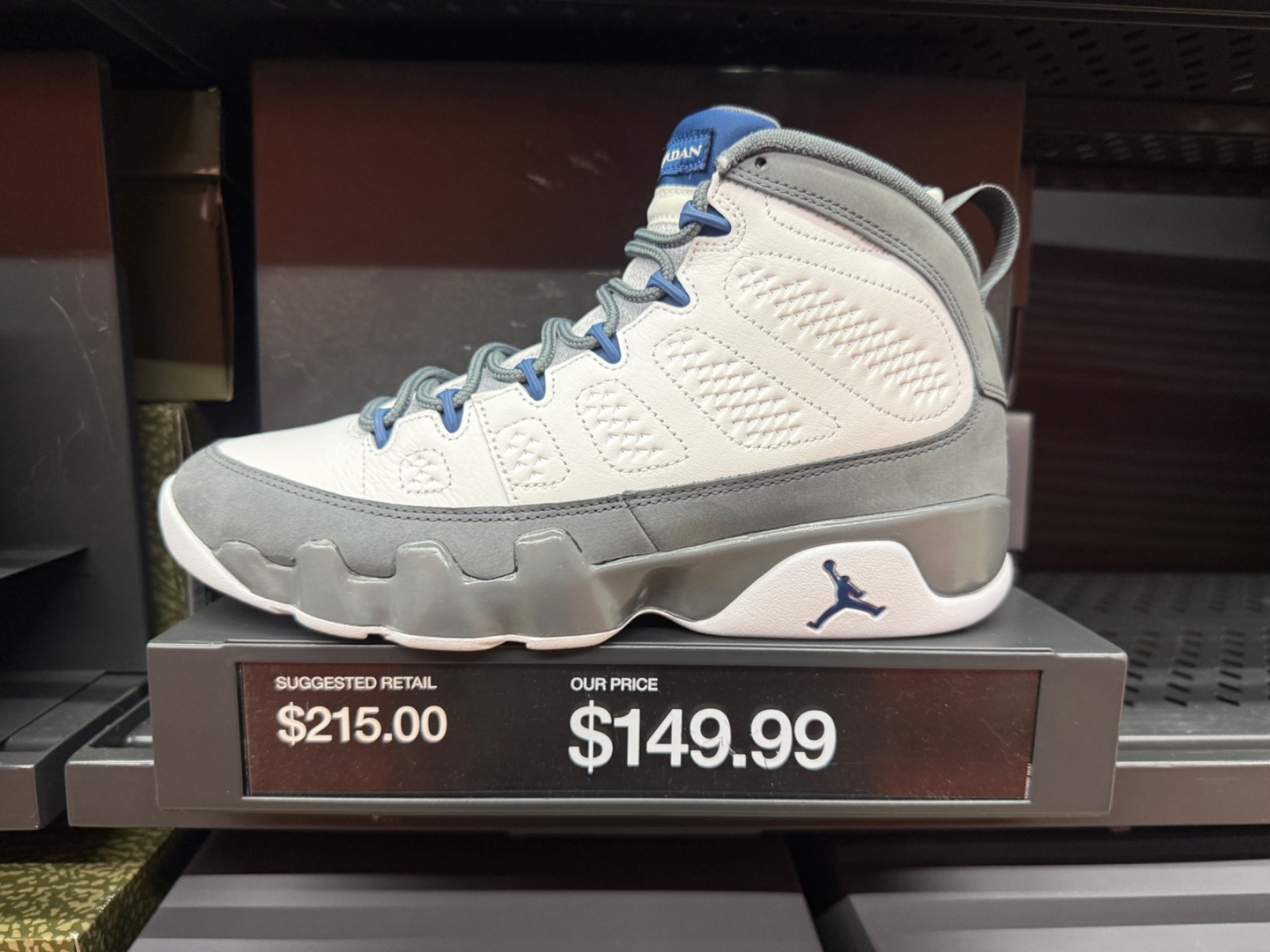 Jordan 9 Retro Flint Grey French Blue (2026) at Nike Factory Store — Celebration · Aug 15, 2026