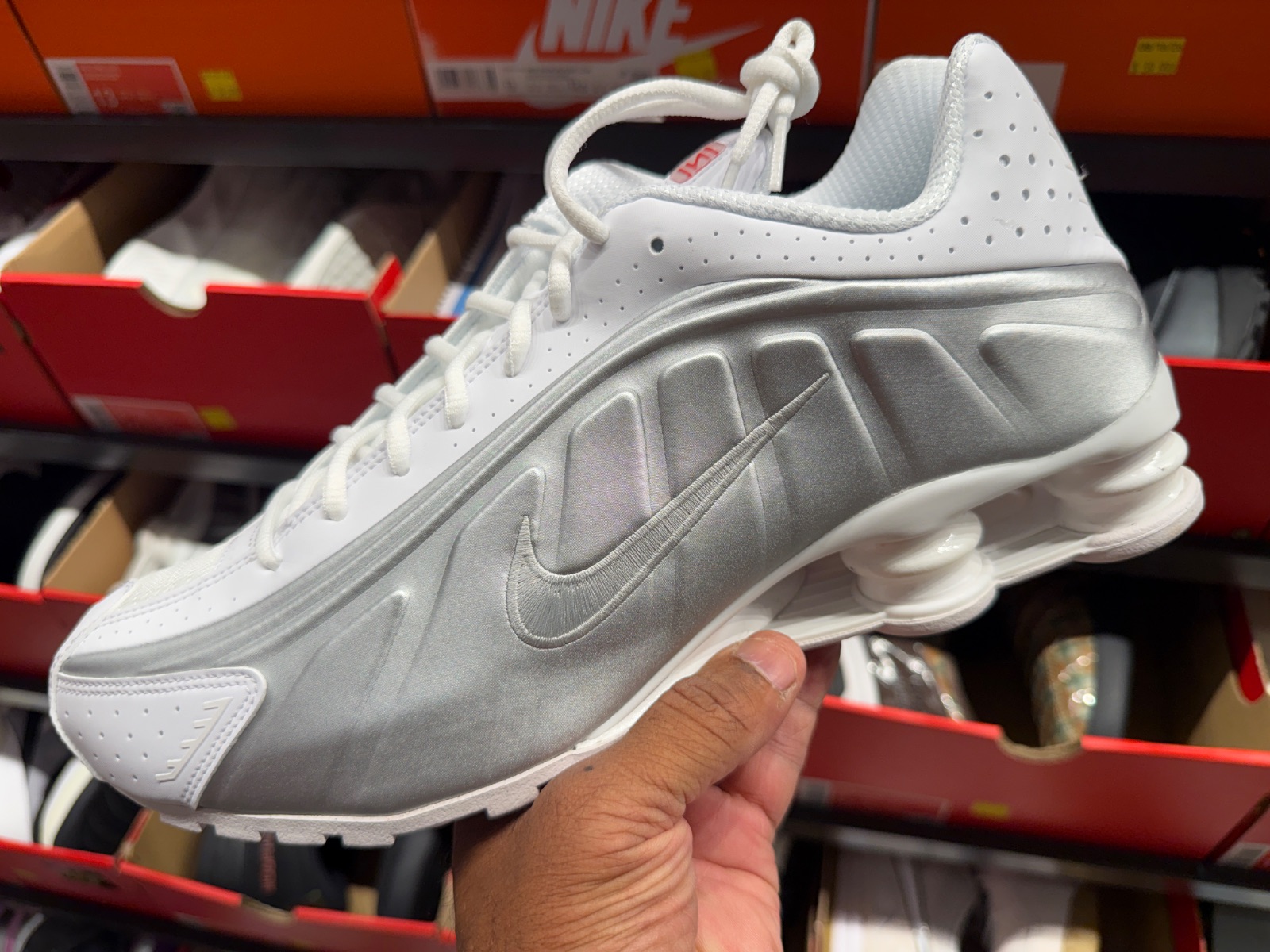 Nike Shox R4 White Metallic Silver Hits Loop for $69.99 at Nike Clearance Store — Kissimmee